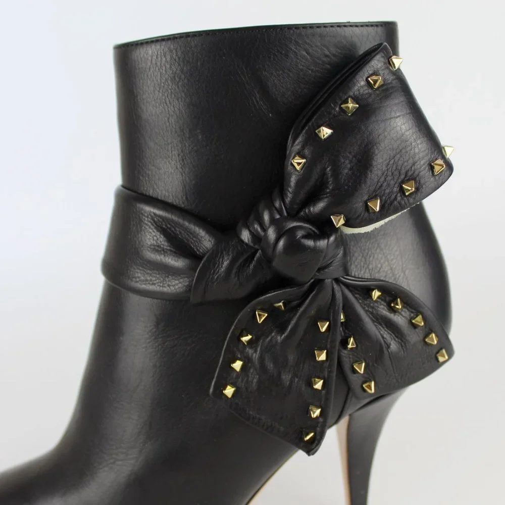 NEW Valentino Garavani Rockstud Leather Boots, Black, EU 38.5, Zip Closure, Bow